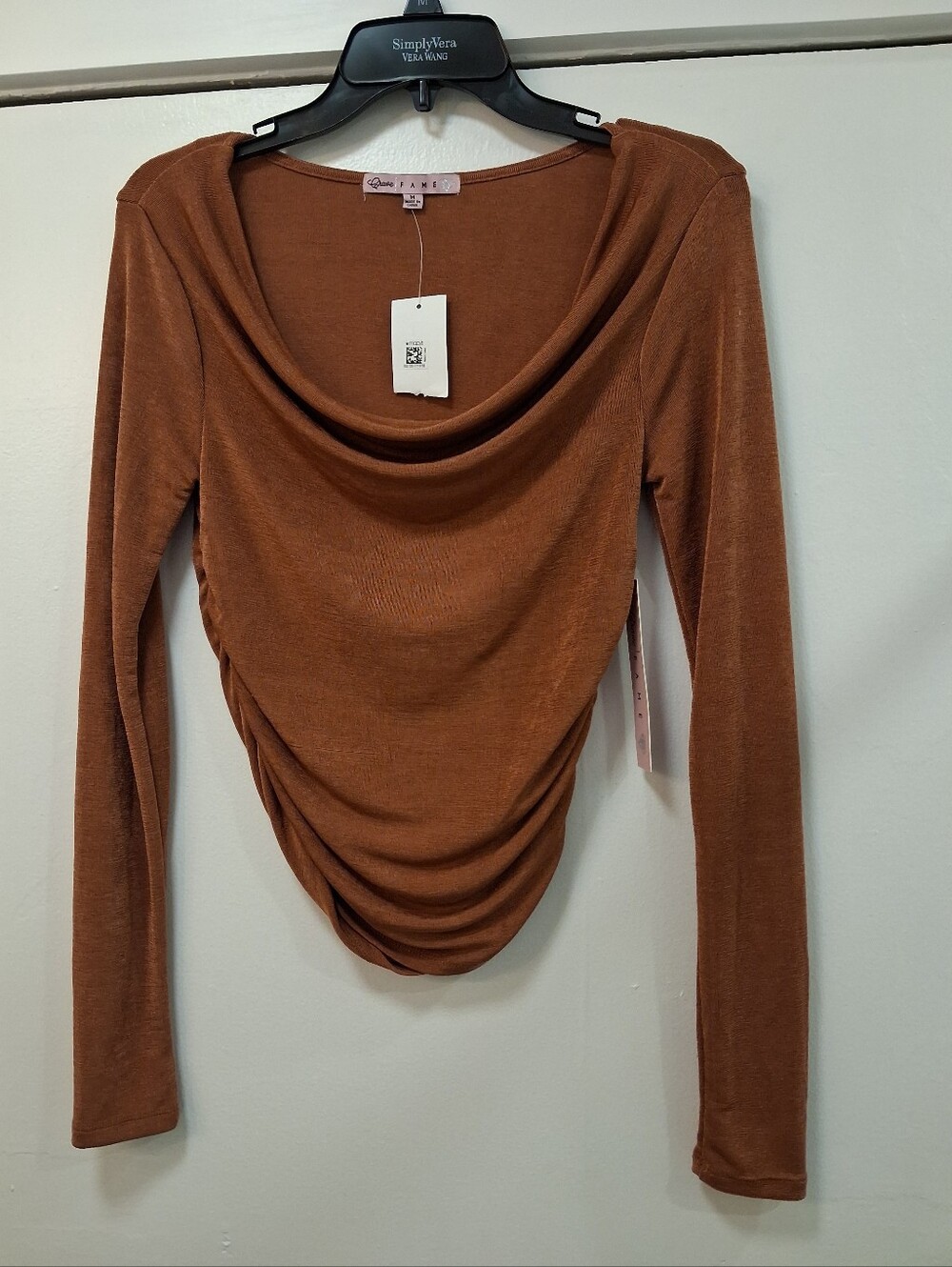 Crave Fame Rust Brown Draped Ruched Long-Sleeve Top